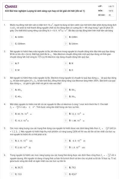 433 Bài trắc nghiệm Lượng tử ánh sáng cực hay có lời giải chi tiết (đề số 1)