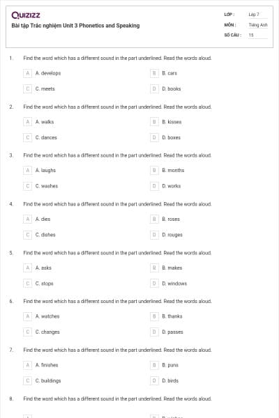 Bài tập Trắc nghiệm Unit 3 Phonetics and Speaking