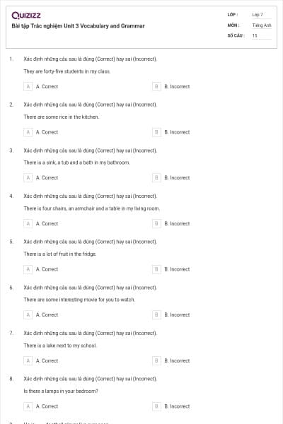 Bài tập Trắc nghiệm Unit 3 Vocabulary and Grammar