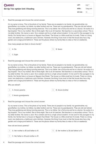 Bài tập Trắc nghiệm Unit 3 Reading