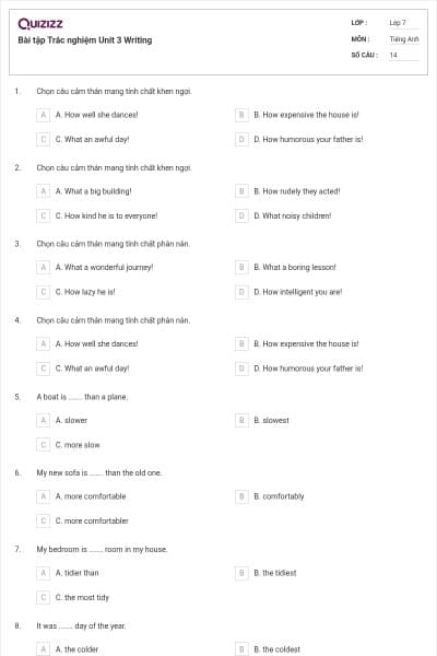 Bài tập Trắc nghiệm Unit 3 Writing