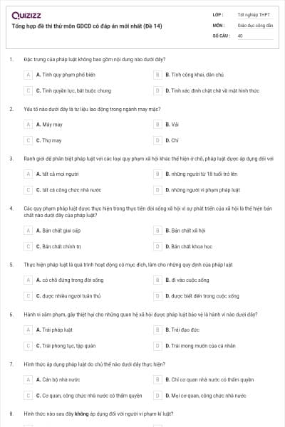 Tổng hợp đề thi thử môn GDCD có đáp án mới nhất (Đề 14)