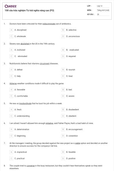 100 câu trắc nghiệm Từ trái nghĩa nâng cao (P3)