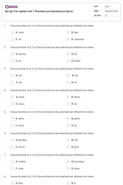 Bài tập Trắc nghiệm Unit 1 Phonetics and Speaking có đáp án