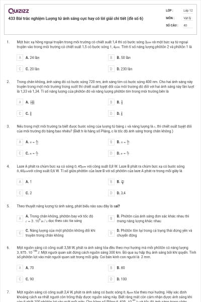 433 Bài trắc nghiệm Lượng tử ánh sáng cực hay có lời giải chi tiết (đề số 6)