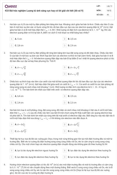 433 Bài trắc nghiệm Lượng tử ánh sáng cực hay có lời giải chi tiết (đề số 9)