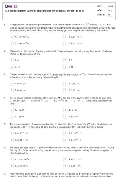 433 Bài trắc nghiệm Lượng tử ánh sáng cực hay có lời giải chi tiết (đề số 8)
