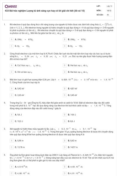 433 Bài trắc nghiệm Lượng tử ánh sáng cực hay có lời giải chi tiết (đề số 10)
