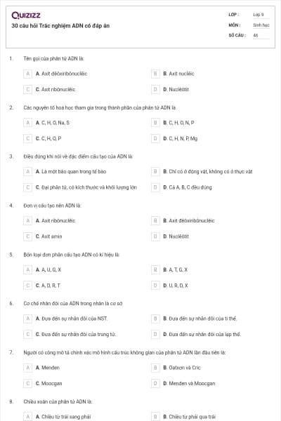 30 câu hỏi Trắc nghiệm ADN có đáp án
