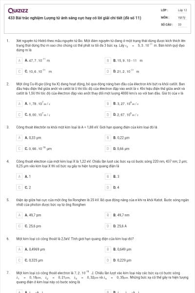 433 Bài trắc nghiệm Lượng tử ánh sáng cực hay có lời giải chi tiết (đề số 11)