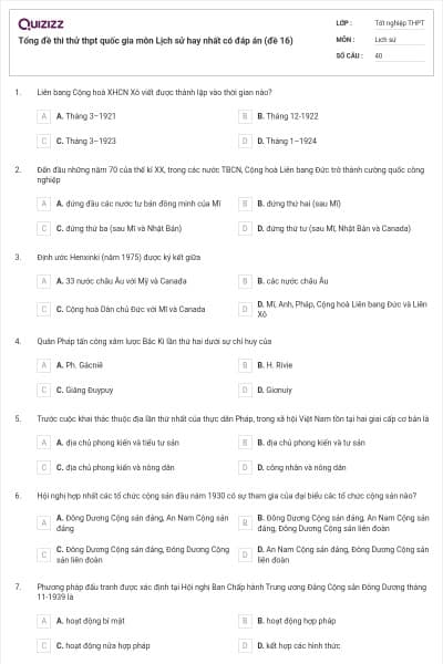 Tổng đề thi thử thpt quốc gia môn Lịch sử hay nhất có đáp án (đề 16)