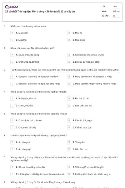 25 câu hỏi Trắc nghiệm Môi trường - Sinh vật (đề 2) có đáp án