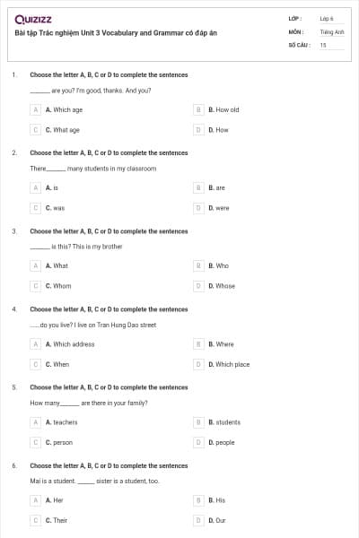 Bài tập Trắc nghiệm Unit 3 Vocabulary and Grammar có đáp án