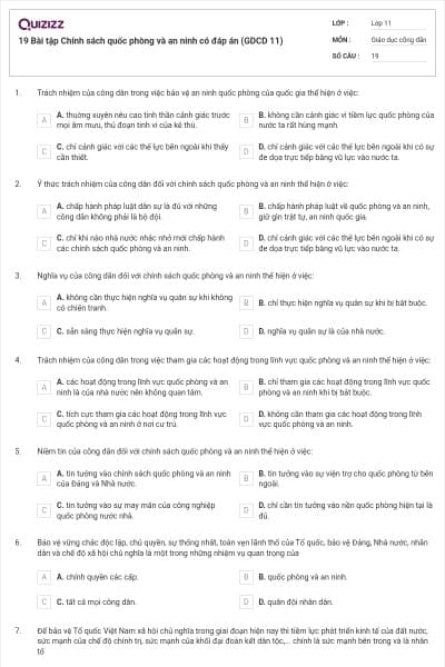 19 Bài tập Chính sách quốc phòng và an ninh có đáp án (GDCD 11)