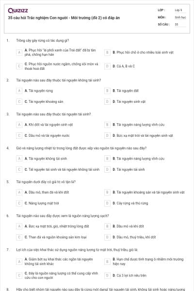 35 câu hỏi Trắc nghiệm Con người - Môi trường (đề 2) có đáp án