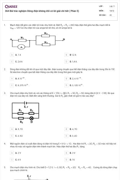 364 Bài trắc nghiệm Dòng điện không đổi có lời giải chi tiết ( Phần 5)