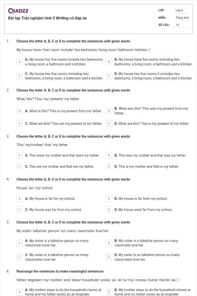 Bài tập Trắc nghiệm Unit 3 Writing có đáp án