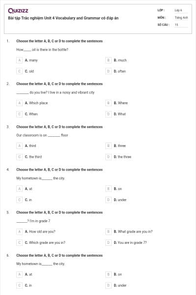 Bài tập Trắc nghiệm Unit 4 Vocabulary and Grammar có đáp án