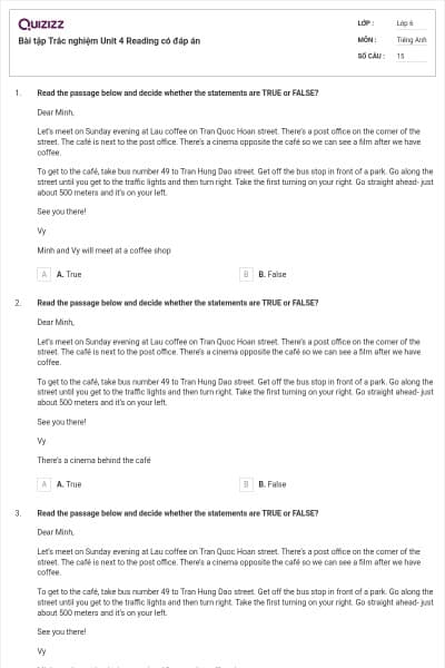 Bài tập Trắc nghiệm Unit 4 Reading có đáp án