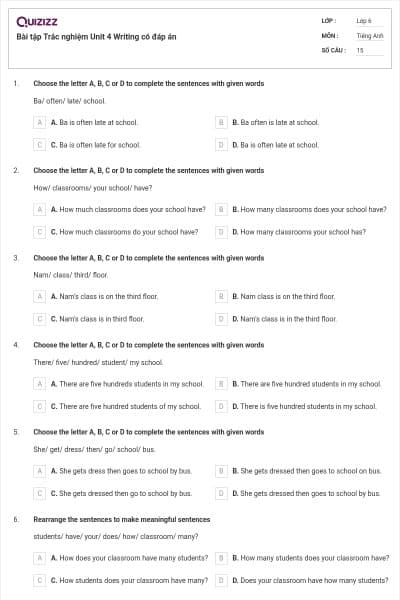 Bài tập Trắc nghiệm Unit 4 Writing có đáp án