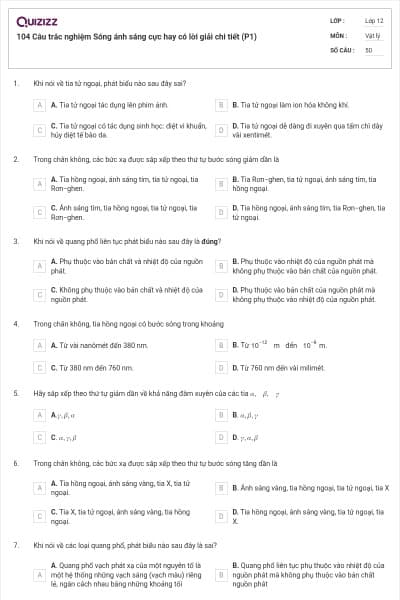 104 Câu trắc nghiệm Sóng ánh sáng cực hay có lời giải chi tiết (P1)