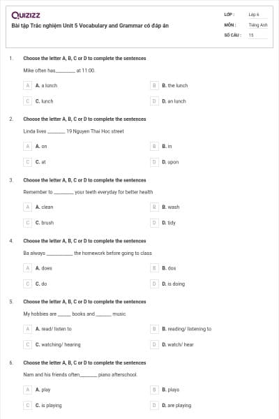 Bài tập Trắc nghiệm Unit 5 Vocabulary and Grammar có đáp án
