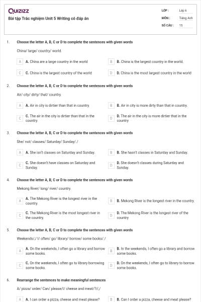 Bài tập Trắc nghiệm Unit 5 Writing có đáp án