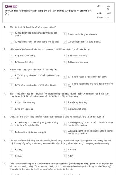 193 Câu trắc nghiệm Sóng ánh sáng từ đề thi các trường cực hay có lời giải chi tiết (P1)