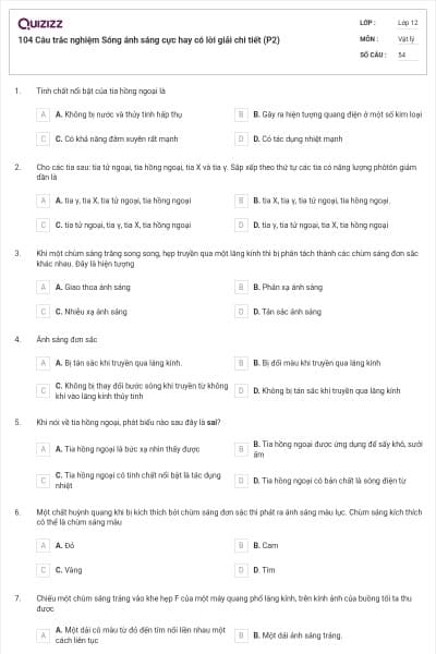 104 Câu trắc nghiệm Sóng ánh sáng cực hay có lời giải chi tiết (P2)