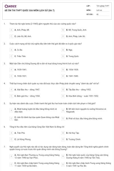 ĐỀ ÔN THI THPT QUỐC GIA MÔN LỊCH SỬ (Đề 7)