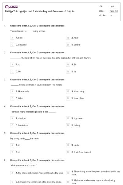Bài tập Trắc nghiệm Unit 6 Vocabulary and Grammar có đáp án