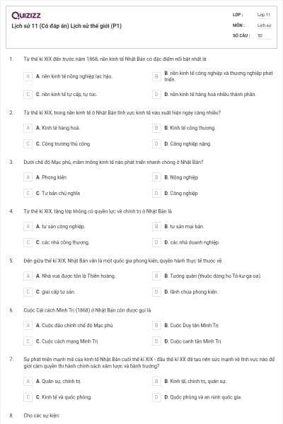 Lịch sử 11 (Có đáp án) Lịch sử thế giới (P1)