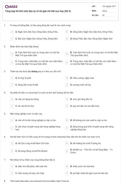 Tổng hợp thi thử môn Địa Lý có lời giải chi tiết cực hay (Đề 5)