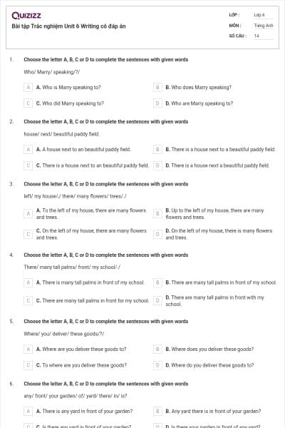 Bài tập Trắc nghiệm Unit 6 Writing có đáp án