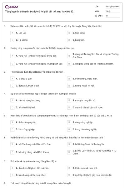 Tổng hợp thi thử môn Địa Lý có lời giải chi tiết cực hay (Đề 6)