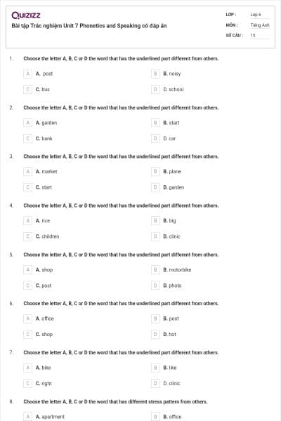 Bài tập Trắc nghiệm Unit 7 Phonetics and Speaking có đáp án