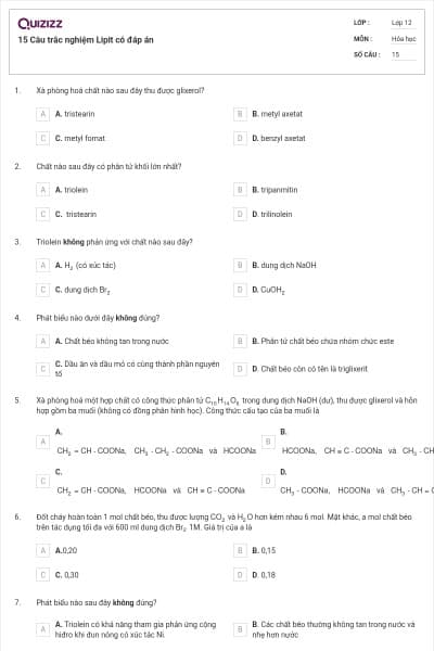15 Câu trắc nghiệm Lipit có đáp án