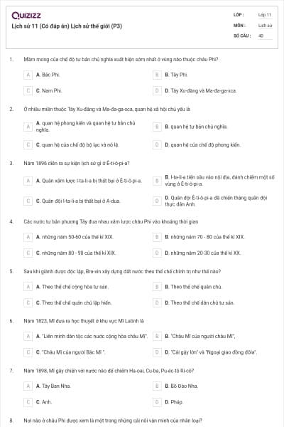 Lịch sử 11 (Có đáp án) Lịch sử thế giới (P3)