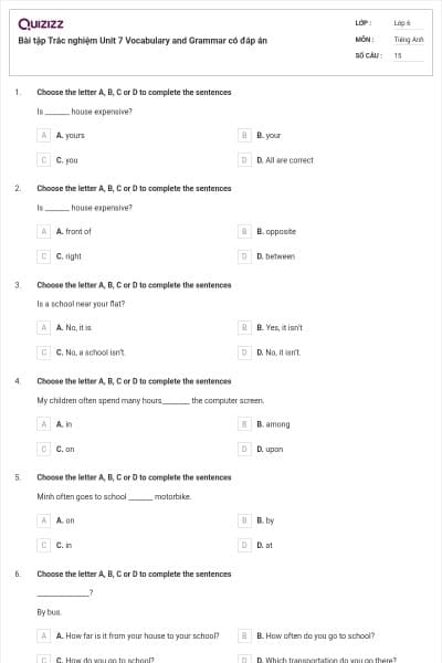 Bài tập Trắc nghiệm Unit 7 Vocabulary and Grammar có đáp án