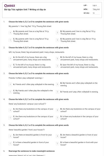 Bài tập Trắc nghiệm Unit 7 Writing có đáp án