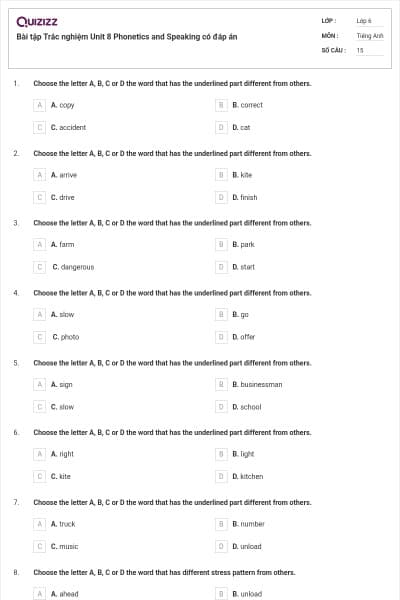 Bài tập Trắc nghiệm Unit 8 Phonetics and Speaking có đáp án