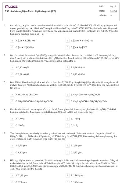 150 câu trắc nghiệm Este - Lipit nâng cao (P2)