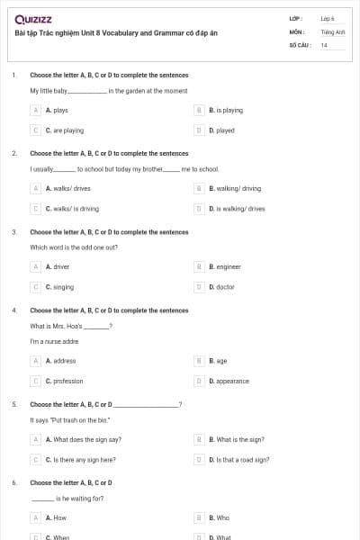 Bài tập Trắc nghiệm Unit 8 Vocabulary and Grammar có đáp án