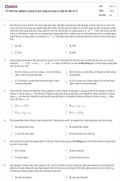 191 Bài trắc nghiệm Lượng tử ánh sáng cực hay có đáp án (đề số 1)