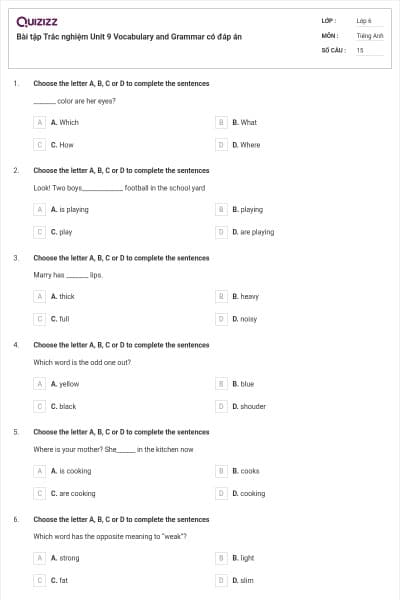 Bài tập Trắc nghiệm Unit 9 Vocabulary and Grammar có đáp án
