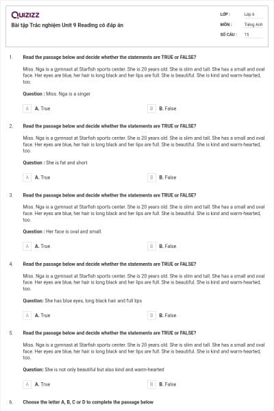 Bài tập Trắc nghiệm Unit 9 Reading có đáp án