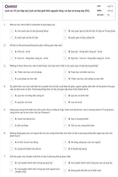 Lịch sử 10 (có đáp án) Lịch sử thế giới thời nguyên thủy, cổ đại và trung đại (P2)