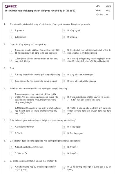 191 Bài trắc nghiệm Lượng tử ánh sáng cực hay có đáp án (đề số 5)