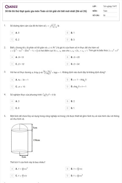 30 Đề thi thử thpt quốc gia môn Toán có lời giải chi tiết mới nhất (Đề số 26)