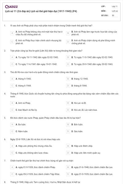 Lịch sử 11 (Có đáp án) Lịch sử thế giới hiện đại (1917-1945) (P4)